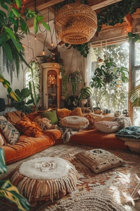 Bohemian House Decor Living Room, Boho Hangout Room Ideas, Boho Sofa Ideas, Boho Loft Ideas, Neutral Maximalist Decor, 70s Boho Living Room, Orange Boho Living Room, Hippy Living Room, Boho Hippie Living Room