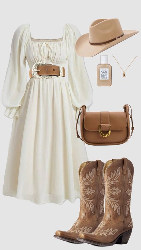 #western #country #dress #countrygirl #ootd #westernaesthetic #cowgirl #boots #neutral #vintage #festival #christiangirl #outfitinspo #modestfashion #churchoutfit #modesty Farmers Market Dress Outfit, Fall Western Dress, Country Elegant Outfit, Country Dress Aesthetic, Dresses That Go With Cowgirl Boots, Cute And Casual Fall Outfits, Cowboy Inspo Outfit, Cowgirl Outfits Modest, Country Modest Outfits