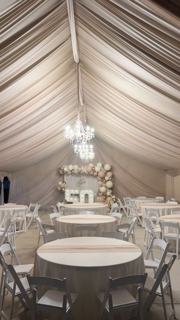 Party Powers | Event Rentals, Tent Draping, Balloons & More on Instagram: "30x40 Tent & Drapes 🤎 Order & Price Below ⬇️ . Text us to book 📲 30x40 Tent & Champagne Drapes $1550 3 Gold Chandeliers $155 10 - 60” RoundTables $120 10 - Ivory Tablecloth $140 10 - Champagne Runners $40 80 - White Padded Chairs $240 Pipe & Drape Backdrop $50 14ft Balloon Garland $365 50 Marquees $150 Delivery 🚚 Depends on your address. . #tent #draping #decor #decoration #30x40 #balloongarland #50 #marquees #decoraci Sweet 16 Venues, Draping Decor, Tent Draping, Drape Backdrop, Cream Drapes, Gold Chandeliers, 50th Birthday Balloons, Gold Drapes, Pipe And Drape Backdrop