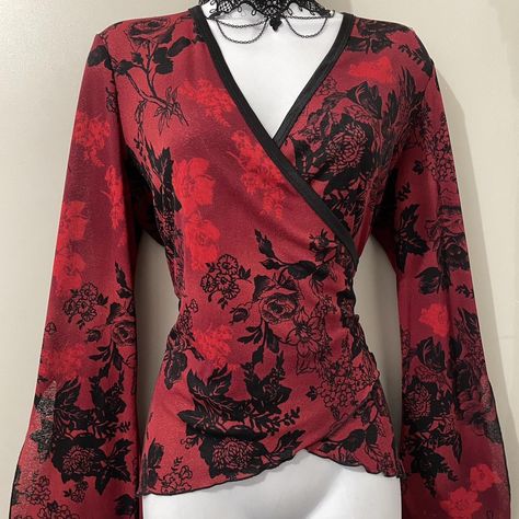 Vtg Y2K black and red floral bell sleeves top... - Depop Red Bell Sleeve Top, Bell Sleeves Top, Belly Top, Sleeves Top, Y2k Black, Red Top, Red Floral, Bell Sleeve, New Fashion