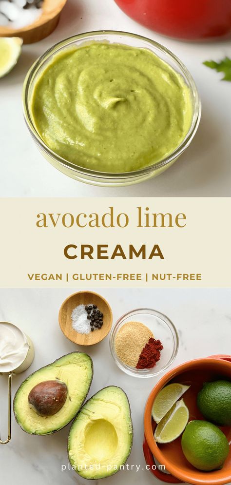 Vegan Avocado Lime Crema Vegan Avocado Crema, Avocado Lime Crema, Easy Corn Salsa, Nut Free Pesto, Vegan Chipotle, Chickpea Tacos, Lime Crema, Quinoa Chili, Crunchy Chickpeas