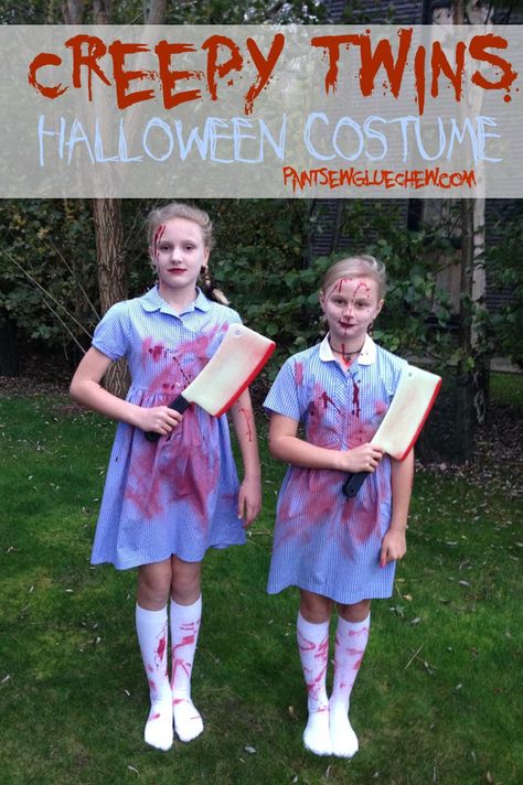 Looking for a super easy halloween costume ? Them look no further. This super easy creepy twins costume would be great for kids or adults.  It can easily be made ina n hour or so, from stuff you can find for a few pounds in your local (larger) supermarket.  #creepytwinscostume #scarytwinscostume #easyhalloweencostume #diyhalloween #gradytwinscostume #twinsfromtheshining Twin Girl Halloween Costumes, Creepy Twins, Super Easy Halloween Costumes, Twin Costumes, Creepy Halloween Costumes, Twin Girl, Twin Halloween, Twin Halloween Costumes, Easy Halloween Costume