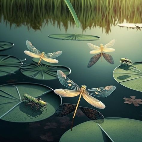 Liana Bee on Instagram: "[13/15] The lily pond... otherworldly dragonflies... #midjourney #midjourneyart #midjourneyai #midjourneyportraits #aiart #aiartcommunity #aifloralart #aiflowers #midjourneyflowers #stilllife #aisilkprint #lilypad #aidailychallenge #aidailytheme" Water Lilly, Dragonfly Art, Fantasy Pictures, Lily Pond, Dragonflies, Lily Pads, Frogs, Still Life, Insects