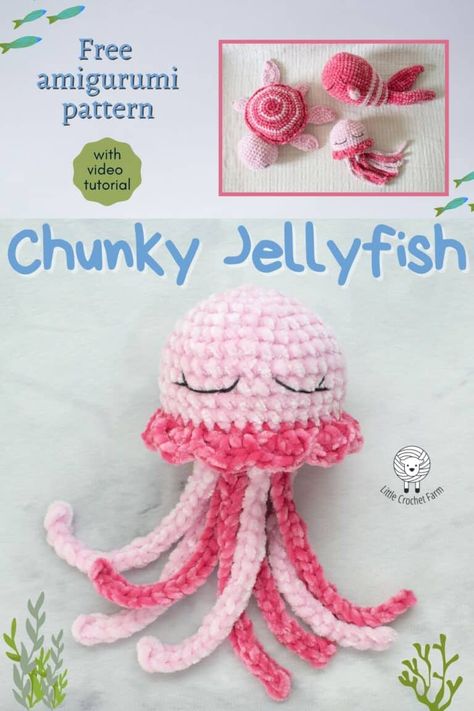 Chunky Jellyfish free amigurumi pattern No Sew Amigurumi Free Pattern, Crochet Stingray, Crocheted Octopus, Amigurumi Jellyfish, No Sew Amigurumi, Crochet Sea Creatures, Crochet Granny Square Tutorial, Easy Beginner Crochet Patterns, Crocheted Jellyfish