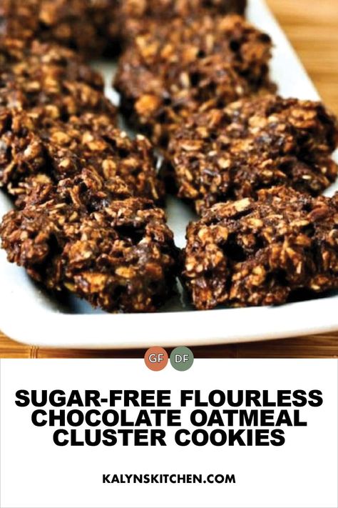 Sugar-Free Flourless Chocolate Oatmeal Cluster Cookies are easy and delicious, and these are perfect to make with Golden Monkfruit Sweetener! Even with some oatmeal these are fairly low in net carbs, and if you use gluten-free oats the cookies are gluten-free. [found on KalynsKitchen.com] #SugarFreeChocolateCookies #GlutenFreeChocolateCookies Desserts With Monkfruit Sweetener, Monkfruit Desserts, Monkfruit Sweetener Recipes, Cluster Cookies, Flourless Oatmeal Cookies, Oat Biscuit Recipe, Oatmeal Bars Healthy, Oatmeal And Eggs, Monkfruit Sweetener