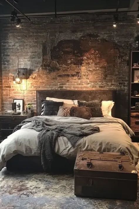 Transform your space with these industrial chic bedroom ideas that merge modernity with rustic charm. From exposed brick walls to metal accents and unique lighting fixtures, discover how to create a cozy yet stylish room that reflects your personal style. Whether you prefer minimalist designs or bold statement pieces, you’ll find inspiration here. Embrace furniture with raw finishes, vintage accessories, and a neutral color palette to perfect the industrial aesthetic. This guide offers tips on achieving the ultimate bedroom style with ease. Brick Wall Behind Bed, Industrial Bedroom Decor Ideas, Industrial Chic Bedroom, Cozy Industrial Bedroom, Older Boys Bedroom Ideas, Bedroom Industrial Chic, Chic Bedroom Ideas, Wall Behind Bed, Industrial Chic Interior