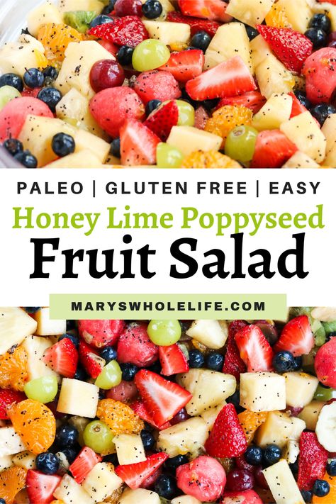 This Honey Lime Poppyseed Fruit Salad is a delicious and easy side dish! It is filled with colorful, juicy fruit tossed in a tangy, slightly sweet dressing. Paleo, gluten free, dairy free! #fruitsalad #summerrecipes #paleorecipes #glutenfree #dairyfree #healthyrecipes #easysides #summersides Gluten Free Thanksgiving Side Dishes, Salad Recipes Gluten Free, Gluten Free Recipes Side Dishes, Ms Recipes, Gluten Free Dairy Free Dessert, Card Night, Sweet Dressing, Dairy Recipes, Delicious Paleo Recipes