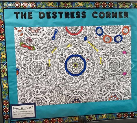 Destress corner Middle School Group Counseling, Behavior Specialist Office Decorations, Middle School Counseling Office Decor, Calm Down Corner Middle School, Inspirational Bulletin Boards For School Hallways, Counselor Classroom Decor, Breakroom Decor Ideas, Breakroom Ideas Work, Staff Bulletin Board Ideas