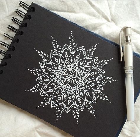 White Mandala sketch on Black Canvas Mandala White On Black, Mandala Drawing Black And White, White On Black Mandala, Black Canvas Mandala Art, Boho Mandala Tattoo, Black Canvas Drawings, White On Black Doodles, White Pen Art On Black Paper Mandala, White Mandala On Black Paper