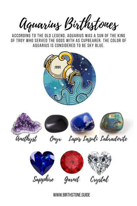 According to the old legend, Aquarius was a sun of the King of Troy who served the gods with as cupbearer. The color of Aquarius is considered to be sky blue. So what is Aquarius birthstone? What is Aquarius lucky stone? According to the list we use which is based on an old Spanish list birthstone amethyst is for Aquarius. However, as per other researchers, Aquarius zodiac stone can be sapphire, lapis lazuli, labradorite, garnet, onyx and crystal. Aquarius Stones And Crystals, Birth Gems, Aquarius Birthstone, Balance Of Nature, Gemstones Chart, Aquarius Life, Zodiac Stones, Marble Earrings, Garnet Crystal