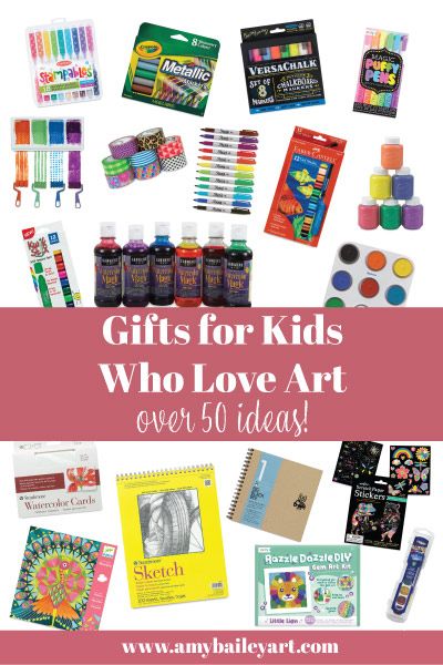 Nurture your child's imagination and creativity with this exhaustive list of over 50 ideas for gifts for kids who love art! Organized for simplicity complete with links for easy shopping! Gifts For Kids Art, Artistic Gift Ideas, Art Supply Gift Basket, Art Supplies Gift Basket Ideas, Gifts For An Artist Friend, Gift Ideas For Kids, Art Kits For Kids Gift, Art Tote For Kids, Art Gift Basket