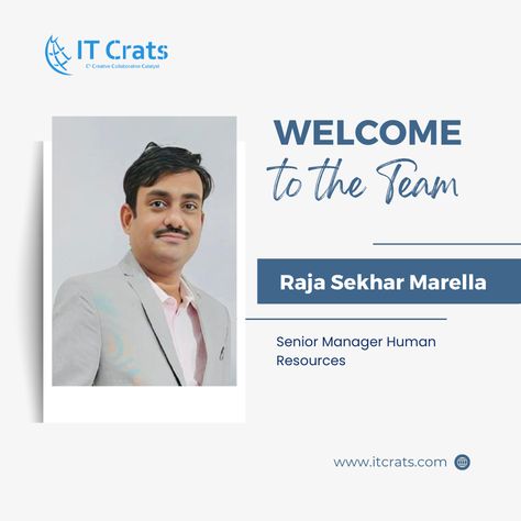 We would like to welcome Raja Sekhar Marella to the team as our new Senior Manager of Human Resources! Raja Sekhar Marella is a highly accomplished MBA graduate with extensive experience in HR Operations. Welcome to #ITCrats Family! #welcome #welcometotheteam #welcomeonboard #teambuilding #teamculture #teambonding #teamdevelopment #team #employee #employeeexperience #welcometothefamily #welcomepost #welcome Welcome To The Team Design, Welcome On Board Employee, Employee Welcome Post, Welcome Social Media Post, Welcome Poster Ideas, New Employee Welcome Ideas, Welcome New Employee, Welcome To Our Team, Hiring Poster