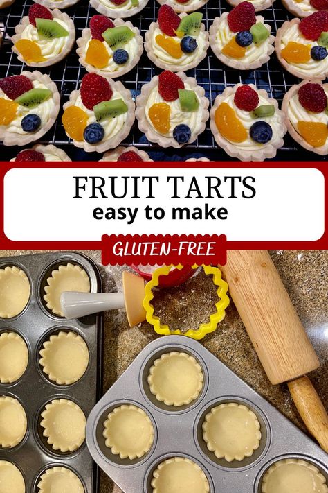 Fruit Tart Cups, Fruit Tart Gluten Free, Gluten Free Jam Tarts, Gf Fruit Tart, Gluten Free Fruit Tart Recipes, Small Fruit Tarts, Gluten Free Cookie Cups, Mini Fruit Tart Recipe Easy, Mini Gluten Free Desserts