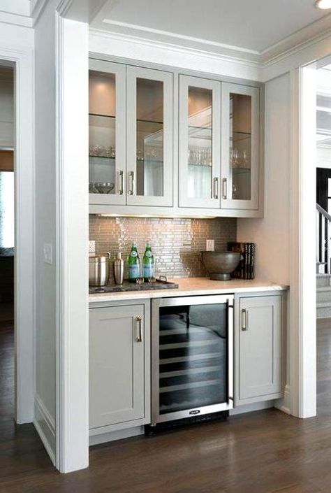 Get creative with these smart built in bar designs and bar carts. Create the perfect spot in your home for entertaining. Kitchen Bar Design, Home Bar Designs, Kitchen Pantry Cabinets, Trendy Kitchen, White Kitchen Cabinets, Kitchen Cabinet Design, Kitchen Cupboards, Kitchen Layout, Kitchen Colors