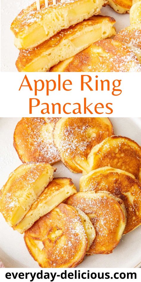 Apple Ring Pancakes - Everyday Delicious Easy Pancake Batter, Dinner Soup Recipes, Apple Pancake Recipe, Yummy Pancake Recipe, Fruit Pancakes, Apple Rings, Apple Recipes Easy, Cinnamon Pancakes, Apple Pancakes