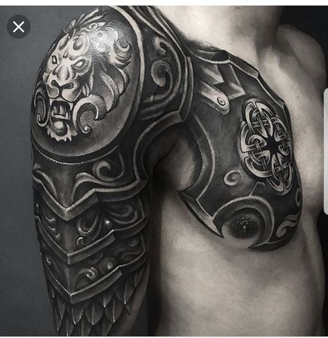 Armor Sleeve Tattoo, Armour Tattoo, Shoulder Armor Tattoo, Body Armor Tattoo, Sleeve Tattoo Ideas, Armor Tattoo, Mens Shoulder Tattoo, Artist Tattoo, Warrior Tattoos