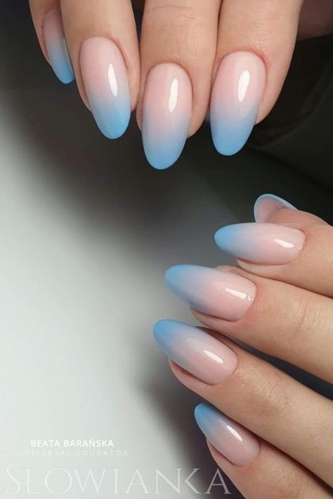 Hombre Gel Nails, Pastel Blue Nails Almond, Pink And Blue Almond Nails, Ombre Nails Neon, Blue And Pink Nail Designs, Light Blue Ombre Nails, Pink And Blue Ombre Nails, Reveal Nails, Gender Reveal Nails