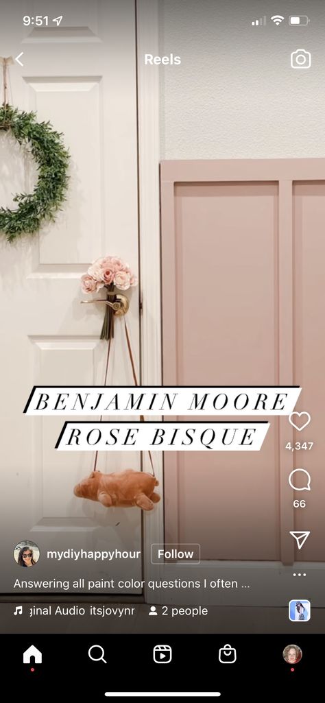 Pink Wall Color Nursery, Pink Wall With Flowers, Blush Wainscoting, Blush Pink Accent Wall Office, Soft Pink Accent Wall, Mauve Bathroom Cabinets, Dusty Pink Nursery Paint, Benjamin Moore Rosetone, Blush And Beige Nursery