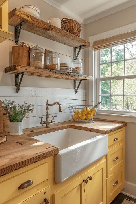 Wooden Kitchen Countertops, Yellow Kitchen Ideas, Yellow Country Kitchens, Butcher Block Countertops Kitchen, Mustard Kitchen, Wooden Countertops Kitchen, Yellow Kitchen Designs, Yellow Kitchen Cabinets, White Upper Cabinets