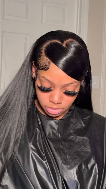 Lace Front Wigs For Black Women Swoop, Heart Lace Front Wig, Heart Part Straight Hair, Wig Side Swoop, Heart Shaped Side Part Wig, Swoop Lace Front Wig, Heart Part Swoop, Hair With Hearts Hairstyles, Heart Side Part Slick Back