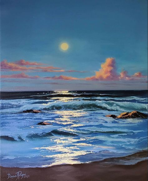 Painting Moonlight, California Painting, Painting Moon, Painting Ocean, Painting Beach, Expressionism Abstract, Moon Painting, Sea Painting, Design Posters