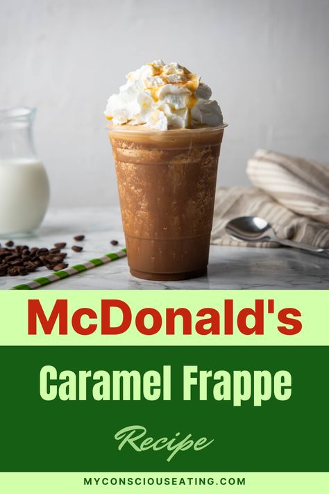 Caramel frappe on a festive table How To Make Mcdonald’s Caramel Frappe, Mcdonalds Caramel Frappe Recipe Copycat, Iced Caramel Frappe Recipe, Carmel Frappe Mcdonald’s Recipe, Caramel Frappe At Home, Iced Caramel Frappe, Wendy's Chilli, Mcdonalds Mocha Frappe Recipe, Frappe Recipe Mcdonalds