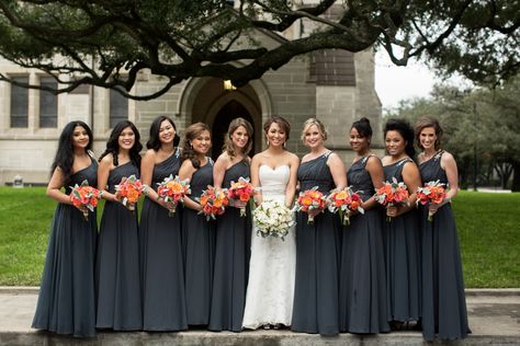 Dark Gray Bridesmaids Dresses with Tangerine Bouquets Bridesmaid Dresses Dark Gray, Charcoal Gray Bridesmaid Dresses, Dark Grey Bridesmaid Dresses, Charcoal Bridesmaid Dresses, Burgundy And Grey Wedding, Gray Bridesmaids, Gray Bridesmaid Dresses, Light Gray Wedding, Tangerine Dress