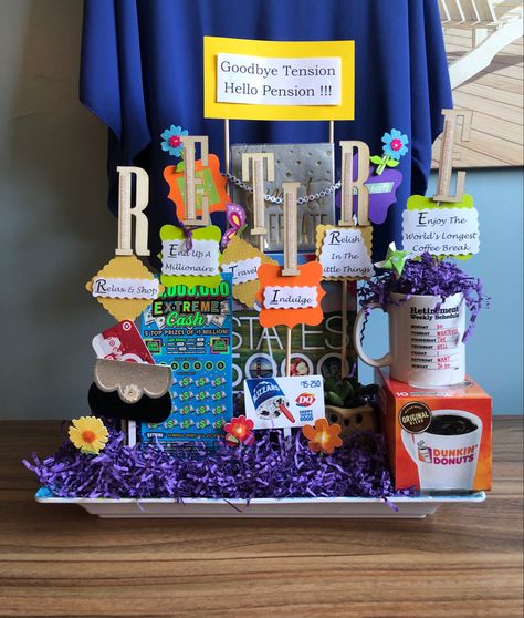 Retirement Gift Baskets For Him, Retirement Basket Ideas, Teacher Retirement Gift Basket, Retire Gift Basket, Custodian Retirement Ideas, Retirement Basket, School Secretary Retirement Party Ideas, Secretary Retirement Gifts, Retirement Requirements Gift Basket