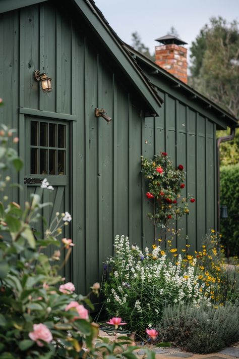 Green Home Exterior, Green House Paint, Farm Goals, Dreamy Cottage, Green House Exterior, Mini Cottage, Garden Goals, Home Exteriors, Paint Color Ideas