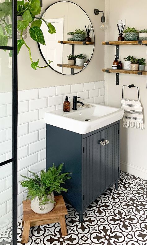 Tiled floors have an elaborate effect on the bathroom, and if you keep the rest of the space simple, it will help the room to appear larger in size. Our advice would be to keep your walls a neutral colour and make your floor the statement! 📸 Image Credit: @alyselizabethi #industville #interiordesign #homedecor #inspiration #structured #bathroomdesign #interiordesigntrends #2021trends Small Downstairs Toilet, Small Shower Room, Toilet Room Decor, Small Toilet Room, Small Bathroom Interior, New House Bathroom, Loft Bathroom, Paint Kitchen, Bad Inspiration