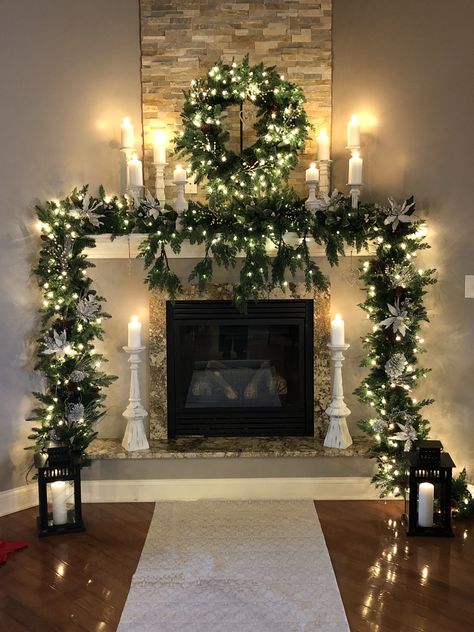 Christmas Wedding Fireplace, Indoor Christmas Wedding Ceremony, Christmas Home Wedding, Christmas Wedding Fireplace Decorations, Christmas Wedding Mantle Decor, Christmas Wedding At Home, Winter Wedding With Christmas Trees, Winter Wedding Mantle Decor, Christmas Wedding Alter Ideas