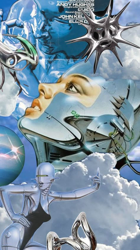 #futurism #shiny #chrome #retrofuturism #robot #y2k lmaoo Robot Y2k, Meaningful Paintings, Mac Backgrounds, Y2k Scene, Chrome Ball, Y2k Background, Space Astronaut, Neon Aesthetic, Retro Logos