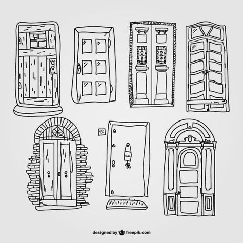 Door Doodle, Door Clipart, House Doodle, Arte Doodle, Watercolor Architecture, Retro Vector, Wood House, House Illustration, Doors And Windows