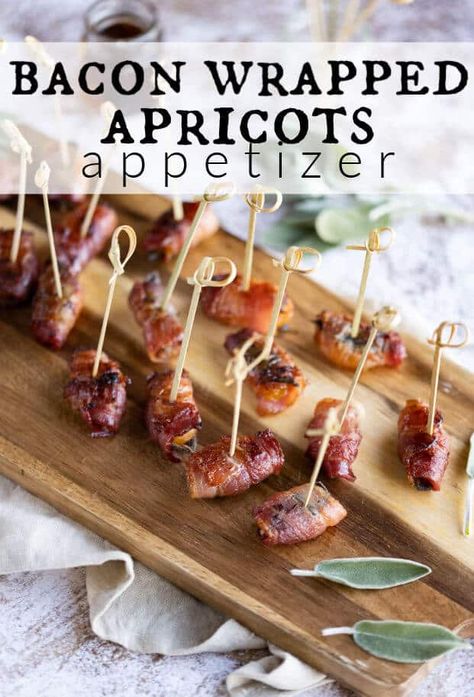 Bacon wrapped apricots on a wooden serving board. via @artfrommytable Bacon Wrapped Apricots, Bacon Wrapped Appetizers, Spicy Bacon, Wrapped Dates, Cheese Packaging, Apricot Recipes, Bacon Wrapped Dates, Bacon Appetizers, How To Make Bacon