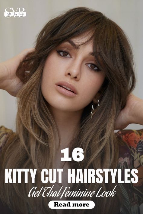 Kitty cut featuring face-framing waves for added definition Kitty Cut Hair Long, Kitty Cut Hair 2024, Kitty Haircut, Kitty Cut Hair, Enhance Natural Beauty, Cat Haircut, Long Hair Designs, Wavy Layers, Soft Bangs