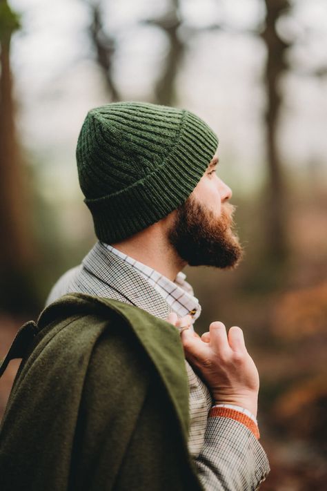 Mens beanie hat in dark green, Handmade in Scotland. #MensHat #GiftsForMen #BeanieHat Green Beanie Aesthetic, Mens Winter Accessories, Green Winter Hat, Knit Hat For Men, Brand Shoot, Men's Beanies, Men's Scarf, Mens Beanie, Bobble Hats