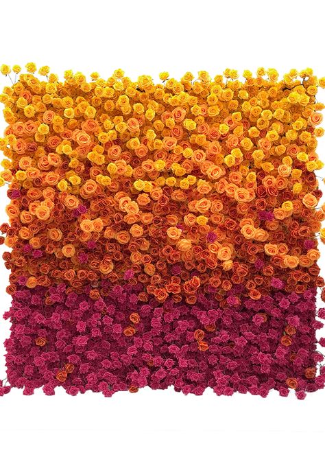 Red And Yellow Flower Wall, Fall Floral Backdrop, Wedding Installations Backdrops, Backwall Ideas, Fall Flower Wall, Event Backdrop Ideas, Orange Red Wedding, Rose Installation, Faux Floral Wall