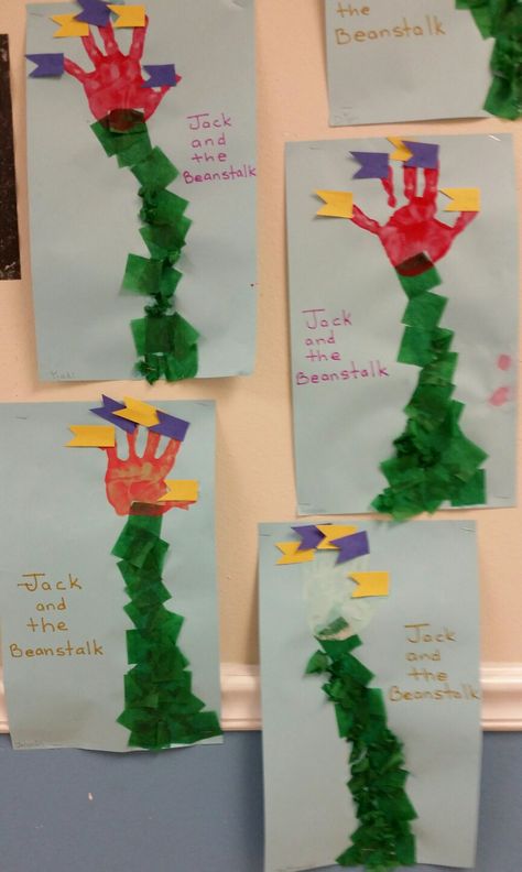 Preschool nursery rhyme craft. Jack and the Beanstalk. From the Firefly class. Fairytale Art Preschool Craft Ideas, Fairy Tales And Nursery Rhymes Preschool, Folk Tales Activities Preschool, Fairy Tales Preschool Art, Imagination Unit Preschool, Preschool Fairy Activities, In My Imagination Prek Theme, Fairy Tales And Nursery Rhymes Crafts, Fairytale Art For Preschool