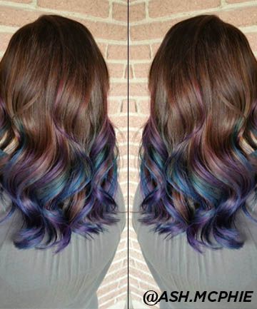 Lazy Chic Brunette Fairy, Oil Slick Hair, Slick Hair, Underlights Hair, Pastel Ombre, Rainbow Hair Color, Purple Highlights, Hair Brunette, Fairy Hair