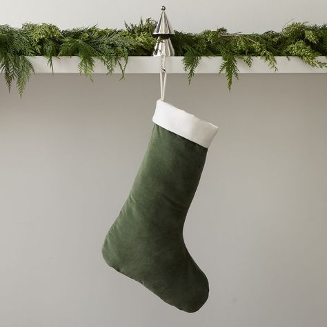 Customizable Velvet Stockings - Green | West Elm Sewn Stocking, Green Christmas Stocking, Felt Tree Skirt, Reindeer Stocking Holder, Green Stockings, Stair Rail, Neutral Christmas Decor, Tree Collar, Felt Tree