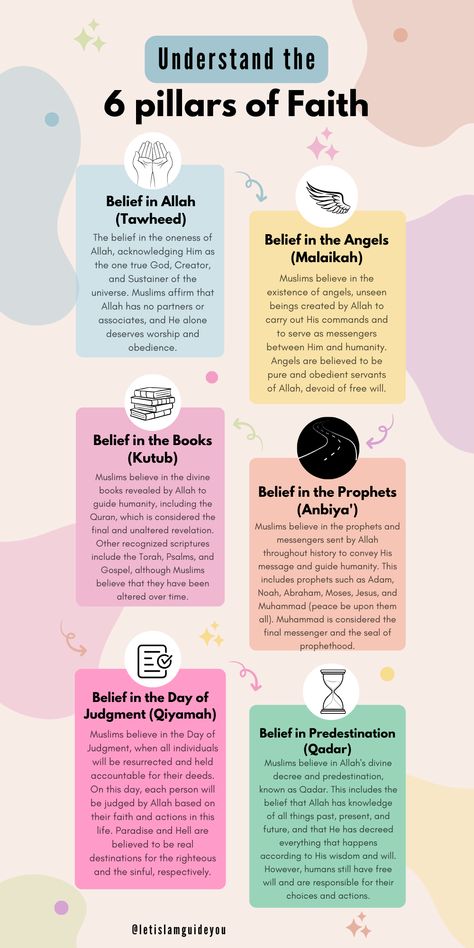 The Islamic faith is based on these 6 things - also called the 5 pillars of Islam (arkan ul-Iman). We believe that Allah is our Lord and all the other 5 pillars. Learn more about the religion of Islam with me.    #islam #muslim #ramadan #prayer #salat #success #holyquran #quran #fasting #Allah #God #prophetmuhammad #prophet #hadith #reminder #lasthour #judgementday #islamicmanners #manners #iman #pillars #Paradise #hellfire 6 Pillars Of Faith In Islam, 6 Pillars Of Iman, Islamic Pillars, Prophet Hadith, 5 Pillars Of Islam, Five Pillars Of Islam, Islamic Journal, Islam Prayer, Salat Prayer