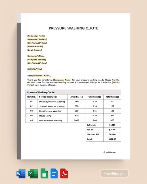 Pressure Washing Quote Template Pressure Washing Business, Pressure Washing Services, Power Washing, Job Quotes, Startup Business Plan, Quote Template, House Siding, Contract Template, Pressure Washing