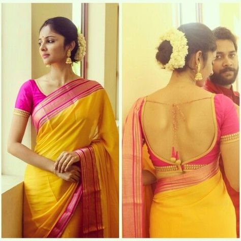 Indian wedding fever.. Yellow and pink silk saree with designer yet traditional blouse. Love for jumka nd Indian root never ends! Yellow Saree With Red Border, Yellow Saree With Pink Border, Yellow Saree Pink Blouse Designs, Yellow Saree With Pink Blouse, Yellow Pink Saree, Yellow And Pink Saree, Yellow Colour Saree, Pink Silk Saree, Saree Yellow