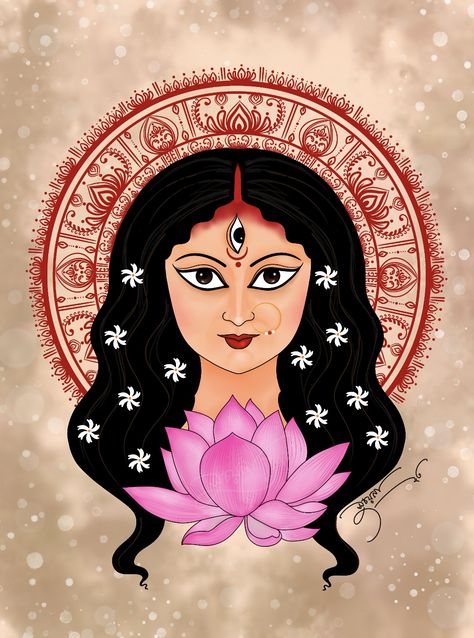 Maa Durga Illustration Art, Devi Painting Abstract, Durga Art Illustrations, Devi Maa Paintings, Durga Devi Rangoli Design, Dipawali Drawing Ideas, Painting Flowers On Walls, Durga Illustration Art, Devi Durga Drawing