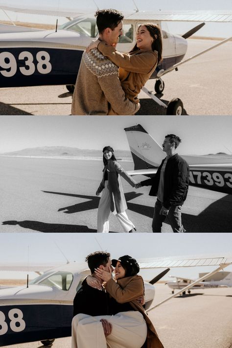 Travel Engagement Photos, Airport Engagement Pictures, Airport Photoshoot Couple, Air Force Engagement Pictures, Airplane Couple Pictures, Engagement Photos Airport, Aviation Couple, Helicopter Couple Photoshoot, Pilot Engagement Photos