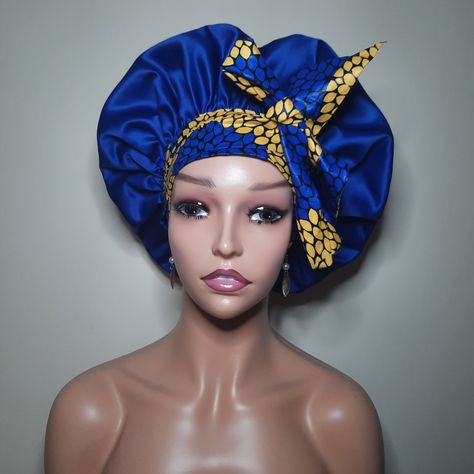 Ankara Bonnet, African Attire Dresses, Hair Wrap Scarf, Bonnet Cap, Head Ties, Hair Bonnet, Design Dresses, African Wax Print, Purple Satin