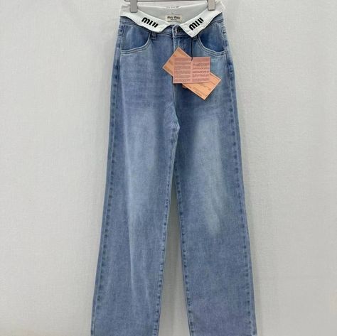 Miu Miu light blue jeans Miumiu Dress, Miu Miu Denim, Race Outfit, Fashion Dream Job, Model Looks, Normal Clothes, Pants Style, Light Blue Jeans, Style Jeans