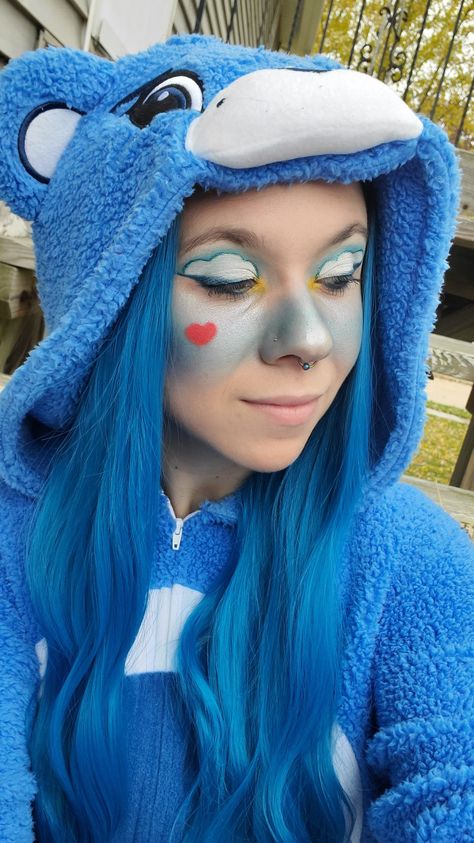 #CareBearmakeup #Grumpy #makeup #Halloween #Halloweenmakeup Blue Care Bear Makeup, Love A Lot Care Bear Costume, Carebear Makeup Halloween, Care Bear Halloween Makeup, Care Bear Costume Makeup, Carebear Makeup Ideas, Care Bears Makeup Look, Grumpy Bear Costume, Carebear Make Up