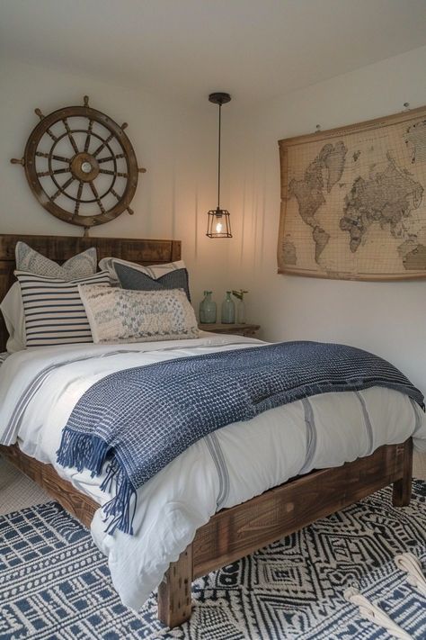 29 Boho Coastal Bedroom Ideas for a Breezy, Beachy Haven 8 Nautical Guest Room, Sailing Bedroom, Nautical Bedroom Master, Lake Bedroom Ideas, Lake House Bedroom Ideas, Boho Coastal Bedroom, Styling Bedroom, Lakehouse Bedroom, Coastal Bedroom Ideas