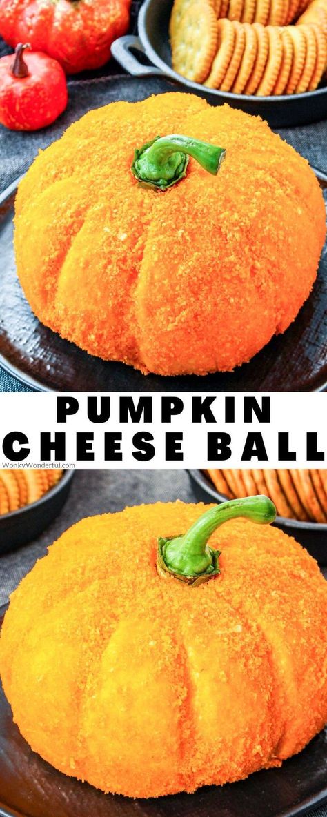 Make this fun Pumpkin Cheese Ball for Halloween, Thanksgiving or any Fall festivities. A creamy cheese ball coated in crushed crunchy cheese puffs then topped with a bell pepper stem to look like a pumpkin. Halloween Cheese Ball Recipes, Fall Cheese Ball, Pumpkin Cheese Ball Recipe, Halloween Cheese Ball, Pumpkin Cheese Ball, Zesty Sauce, Appetizers For A Crowd, Cheese Puffs, Fall Festivities